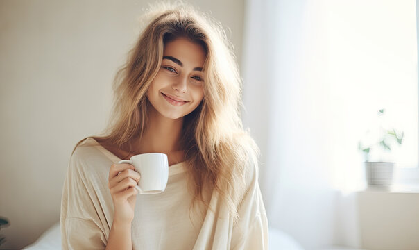 Joyful young woman enjoying a cup of coffee in bed.