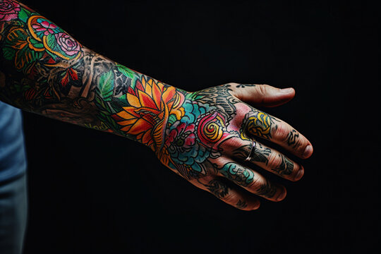 Picture of male hands with colorful tattoo generative AI technology