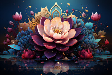 Generative ai picture pf colorful beautiful lotus water lily flower on pond yoga peace calm inspiration - obrazy, fototapety, plakaty