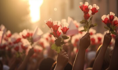 Red and white flowers over the crowd of people. Independence Day November 11, Poland. Hands holding flowers in colors of national flag of Poland.