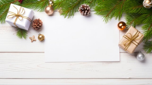 Christmas Picture Card: Festive Greeting with Gift Boxes, Christmas Tree Branches, and Copy Space on Wooden Background.