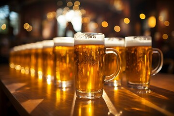 many beers are lined up in a row on the bar