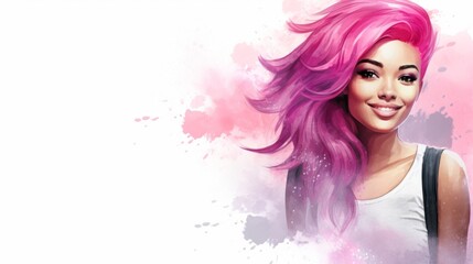 Smiling Teen Black Woman with Pink Straight Hair Watercolor Illustration. Portrait of Casual Person on white background with copy space. Photorealistic Ai Generated Horizontal Illustration.