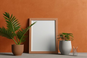 Mockup of an empty vertical picture frame made of wood. Generative AI