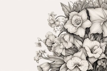 Beautiful bouquet of flowers with daffodil engraving on greeting card background. Generative AI