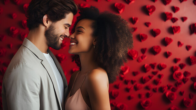 Side View Of Young Interracial Couple In Love In Front Of Red Valentines Background.