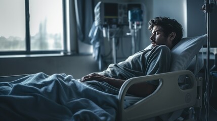 Sick man sleeping alone in hospital bed, stressed patient in hospital