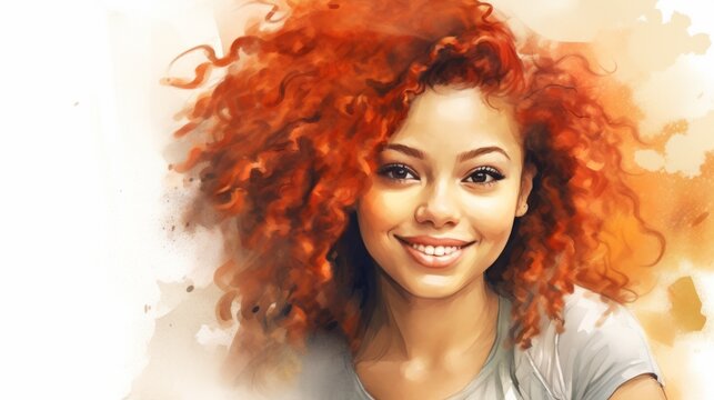 Smiling Teen Black Woman with Red Curly Hair Watercolor Illustration. Portrait of Casual Person on white background with copy space. Photorealistic Ai Generated Horizontal Illustration.