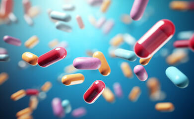 Pharmacy and medicine, antidepressants concept. Multi-colored pills and capsules of drugs flying.