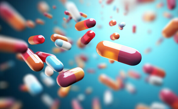 Pharmacy and medicine, antidepressants concept. Multi-colored pills and capsules of drugs flying.
