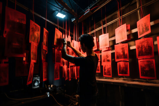 Silhouette of a photographer developing photos in a dark room. Man hanging printed photos in red lighted room. Old style photography.