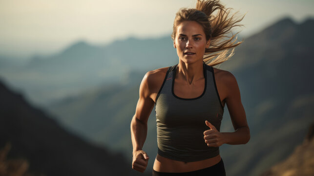 Contrast shot of trail runner on mountain in sunset..Fitness, sport, runner Concept.