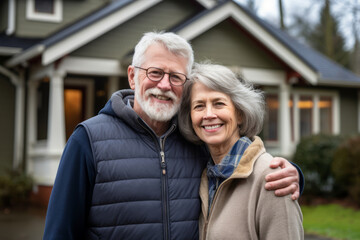 Beautiful senior couple standing on front of their house after their kids left the nest. Happy retirement, enjoying life together.