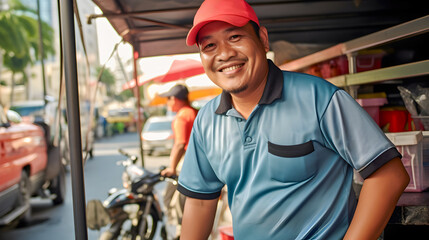 Thai adult man motorcycle taxi driver. Local employment in Thailand.