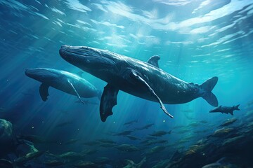 Fototapeta premium A Majestic Humpback Whale Gliding Through the Vast Ocean Depths