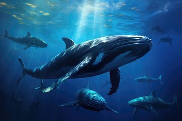 Fototapeta premium A Majestic Pod of Humpback Whales Gracefully Gliding Through the Ocean Depths