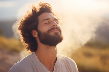 the portrait of a young adult man tilts his head up and closes his eyes while breathing fresh air in the natural atmosphere of the forest and blue sky, Generative AI.