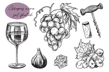 Time for wine vector hand drawn sketch illustration. Human hand holding wine glass. Bottle, cheese, grape vine, cork, corkscrew, isolated on white background. Doodle vintage design elements set - obrazy, fototapety, plakaty
