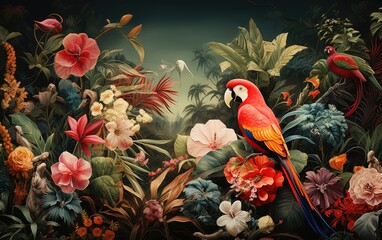 Exceptionally beautiful wall-hanging paintings, featuring a combination of animals, plants, flowers, and abstract elements. Created by AI
