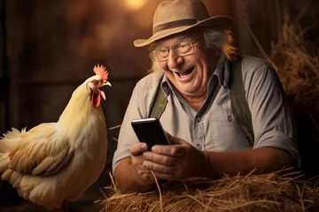 Fotobehang portrait of a funny old man, a villager, he sits on hay in barn of ranch, and laughs, makes a video call by smartphone, or playing online game, chickens around him, retro style © soleg
