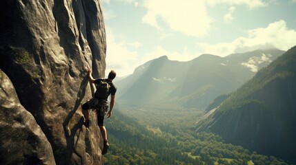 backpacker climbing rocky mountains generative ai - obrazy, fototapety, plakaty
