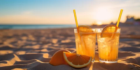 Schilderijen op glas AI Generated. AI Generative. Two orange yellow juices on vaction travel relaxing. Beach sand and sea ocean on background.  Graphic Art © AkimD