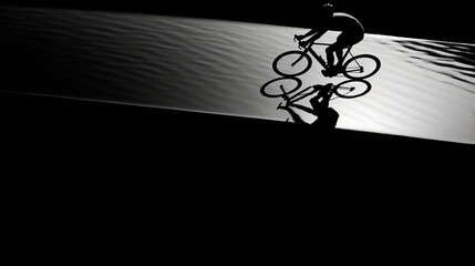 silhouette of a pro biker riding in black and white graphic background, concept art banner with a cyclist 