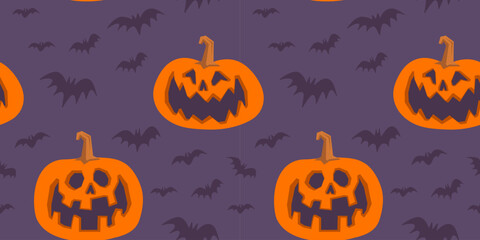 Halloween seamless pattern with carved pumpkins and bats. Cheerful spooky illustrations.