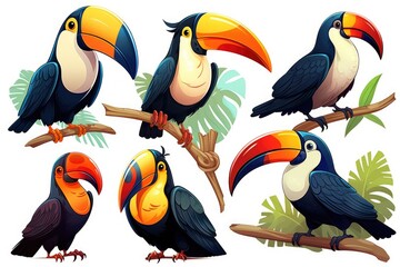 A Collection of Colorful Tropical Birds Perched on a Lush Branch