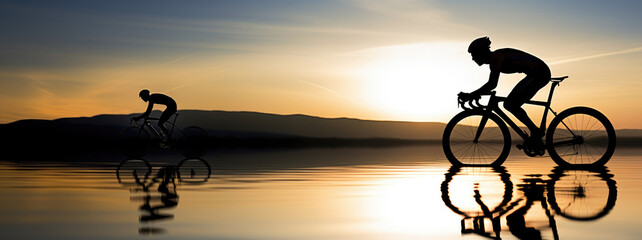 silhouette of two cyclists racing on a scenic bicycle route, screen of water at sunset, minimalist landscape, panoramic banner of outdoor biking sport  - obrazy, fototapety, plakaty