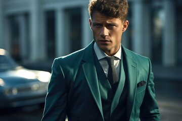 Naklejka premium Man in Suit and Tie Walking Down Urban Street