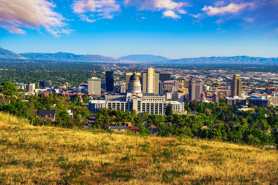 Salt Lake City skyline with Utah State Capitol. The capitol is the main building of the Utah State Capitol Complex, which is located on Capitol Hill.