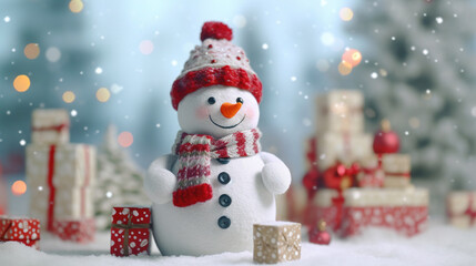 Fototapeta premium Christmas Eve Holiday Cute Snowman Giving Gifts in Outdoor Background Selective Focus