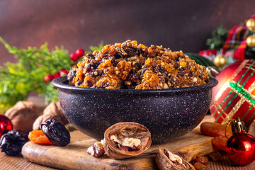 Homemade Christmas sweet mincemeat bowl, dried fruit mince meat for traditional winter mince pies...
