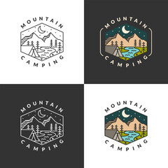Mountain and night camp badge monoline or line art style vector illustration