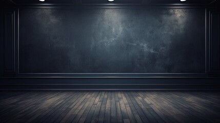 Black wall background with wooden floor and white lamp with copy space, AI generative