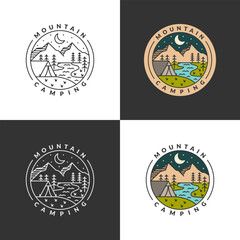 Obraz premium Mountain and night camp badge monoline or line art style vector illustration