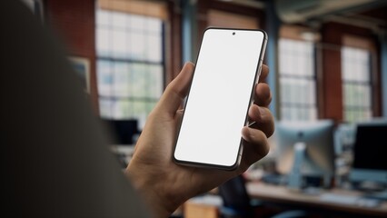 CU 30s Caucasian male using a phone in vertical orientation, green screen