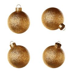 Set of four realistic golden Christmas ball ornaments. 3d render. Festive baubles with glitter texture isolated on a transparent background.