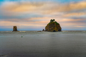 Fototapeta na wymiar Sunset at La Push Beach in Olympic National Park Area. La Push Beach is a rugged Pacific coastline adorned with driftwood, sea stacks, and misty horizons in Washington State.