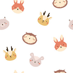 Seamless pattern with faces of cute forest animal faces - wolf, owl, opossum, rabbit, owl, deer