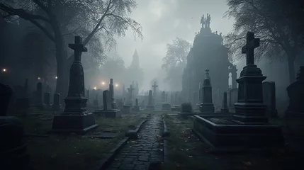 Foto op Plexiglas Large Medieval Cemetery Hidden in Misty Dark Stormy Skies in Background © Image Lounge