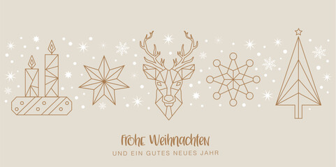 Frohe Weihnachten und ein gutes neues Jahr - Stern, Kerzen, Rentier und Weihnachtsbaum - Grußkarte mit Ornamenten auf kupferfarbenem Hintergrund. Deutscher Text