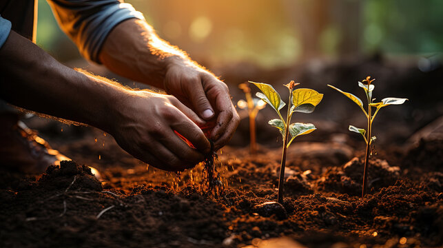 A Close-Up of Hands Gently Planting Seeds and Roots into Rich Soil Background Selective Focus