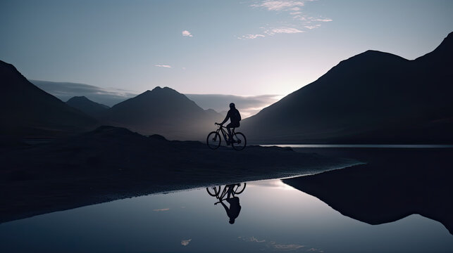a bicycle trek in a mountainous landscape, blue night atmosphere while traveling, silhouette of a person on a bicycle in the center of the image with water reflection, sport wallpaper
