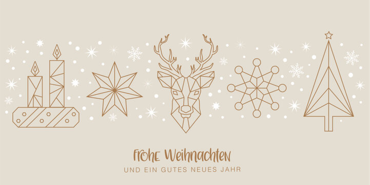 Frohe Weihnachten und ein gutes neues Jahr - Stern, Kerzen, Rentier und Weihnachtsbaum - Grußkarte mit Ornamenten auf kupferfarbenem Hintergrund. Deutscher Text