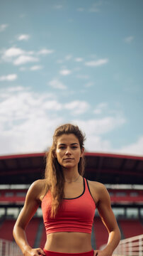 Editorial shot of fit woman posing in stadium. Fitness, sport, runner Concept.