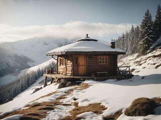 Berghütte am verschneiten schönen Berg, Zuflucht für Bergsteiger
