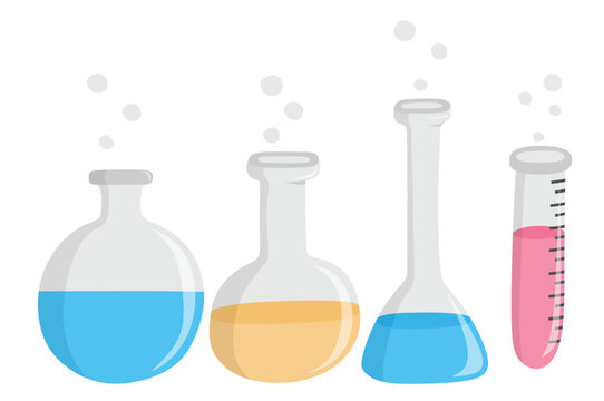 Cute hand drawn chemistry science laboratory test glass tube. Set of laboratory flasks cartoon.