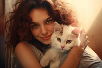 Female woman kitten lovely pretty domestic cute pet cat animal beauty caucasian young person